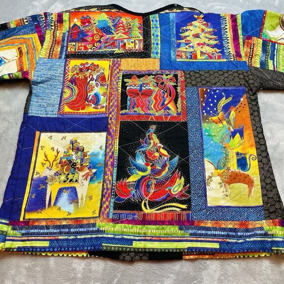 Handmade Quilted Patchwork Holiday Jacket Womens M Cats Birds Art to Wear - Picture 2 of 9